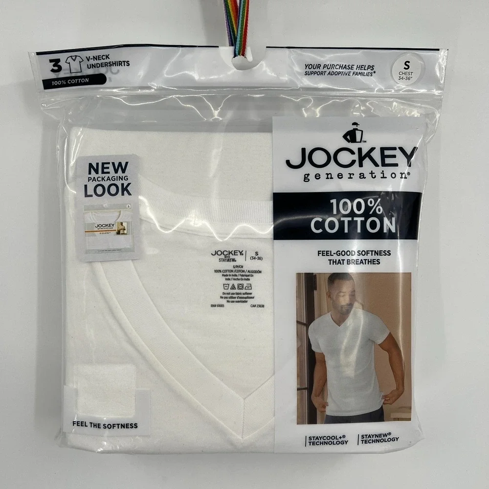 NEW Jockey generation 100% cotton white v-neck staycool undershirts 3 pack S